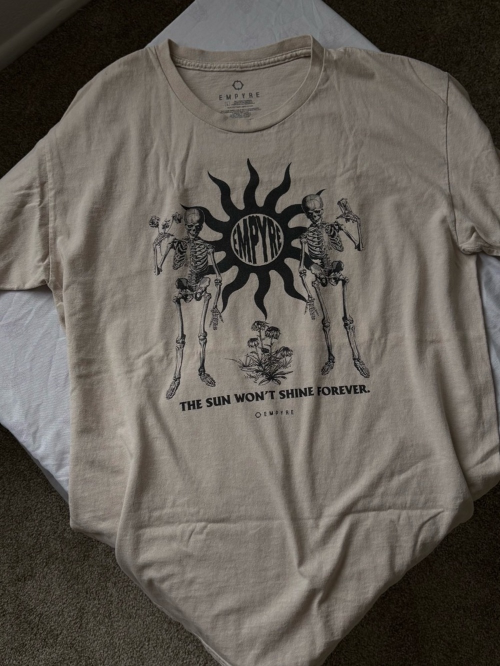 Empyre Beige Short-Sleeve Graphic Tee with Black Sun & Skeletons